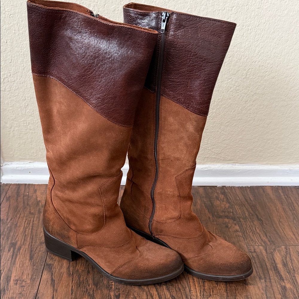 Two-Tone Brown Over-the-Knee Suede & Leather Boots